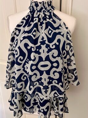 Navy & Gray Halter Neck Printed Blouse